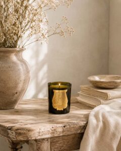 Cire Trudon Abd El Kader geurkaars in warm beige interieur – luxe Franse geurkaars